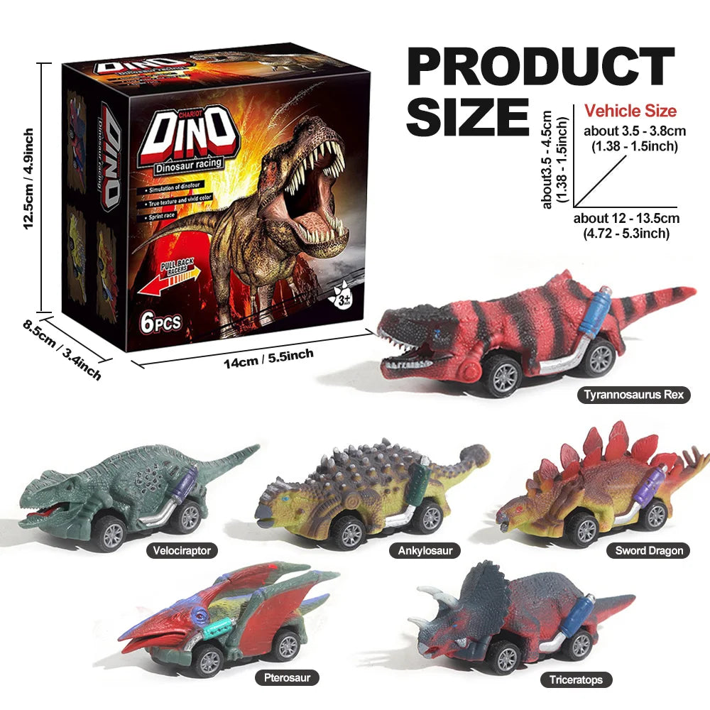 A set of six dinosaur pull-back toy cars, including a Tyrannosaurus Rex and various other dinosaurs like Velociraptor and Tri