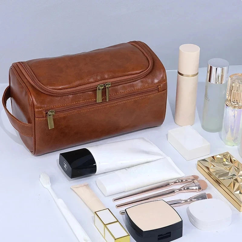 Hanging Leather Toiletry Bag with Durable Water-Resistant Design