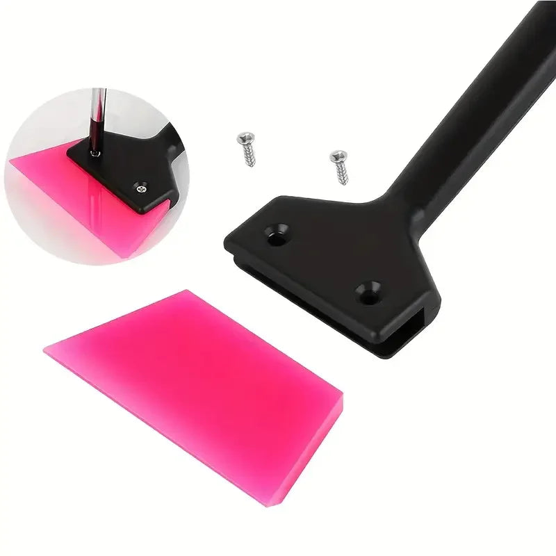 A black tool and pink window film are shown, including a specialized installation tool and a snow shovel.