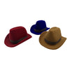 Three cowboy hats in red, blue, and tan velvet displayed against a white background.