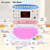 A mini educational laptop toy with an LED display and various learning modes for numbers, letters, words, and music.