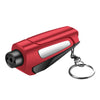 A red compact car emergency escape tool with a silver window breaker and seatbelt cutter.