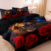 A dark duvet cover featuring a realistic print of a wolf's head and red roses.