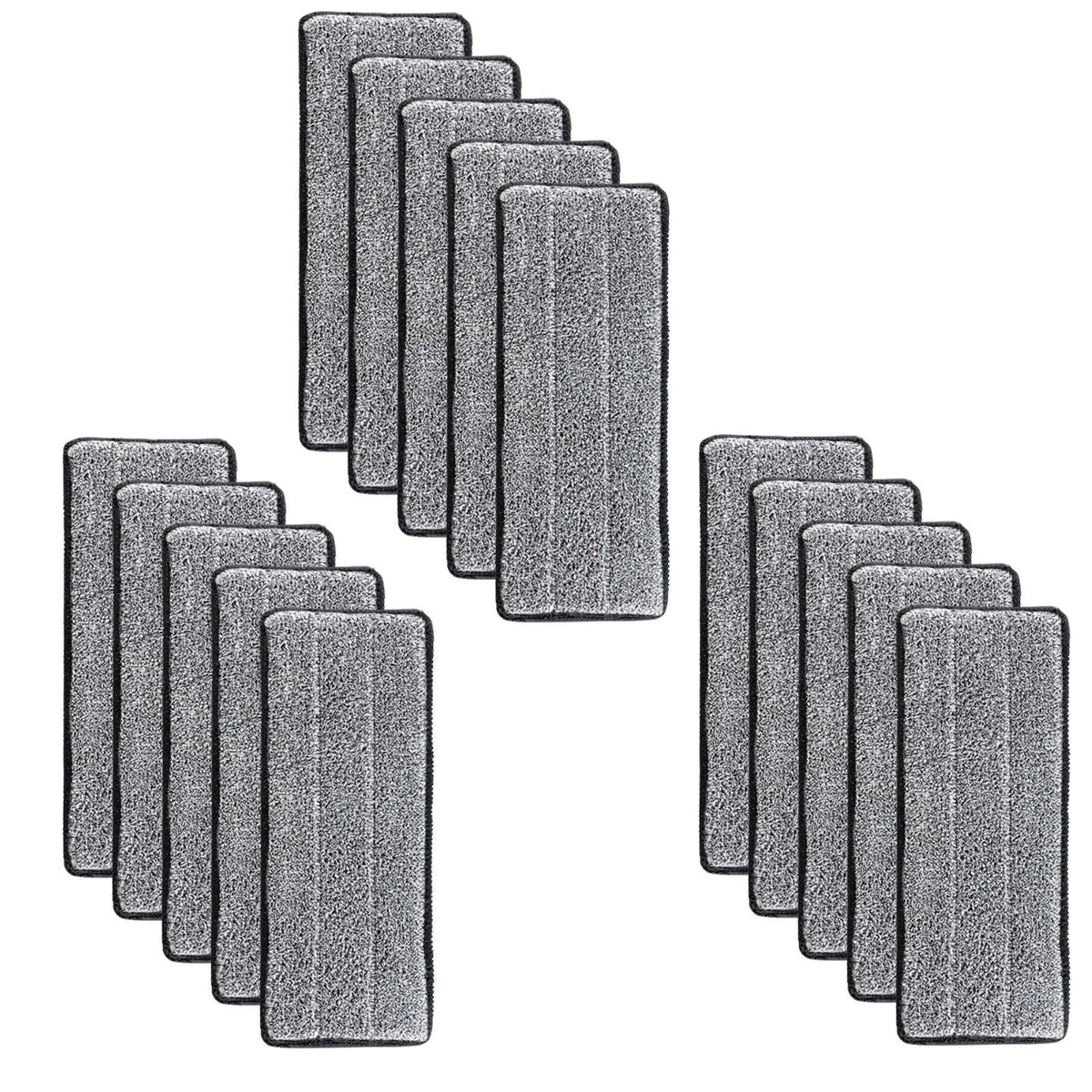 A set of three gray reusable microfiber mop pad replacement heads arranged in a fan shape.