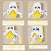 A set of four images demonstrating how to use an interactive musical plush banana toy for creating rhythms.