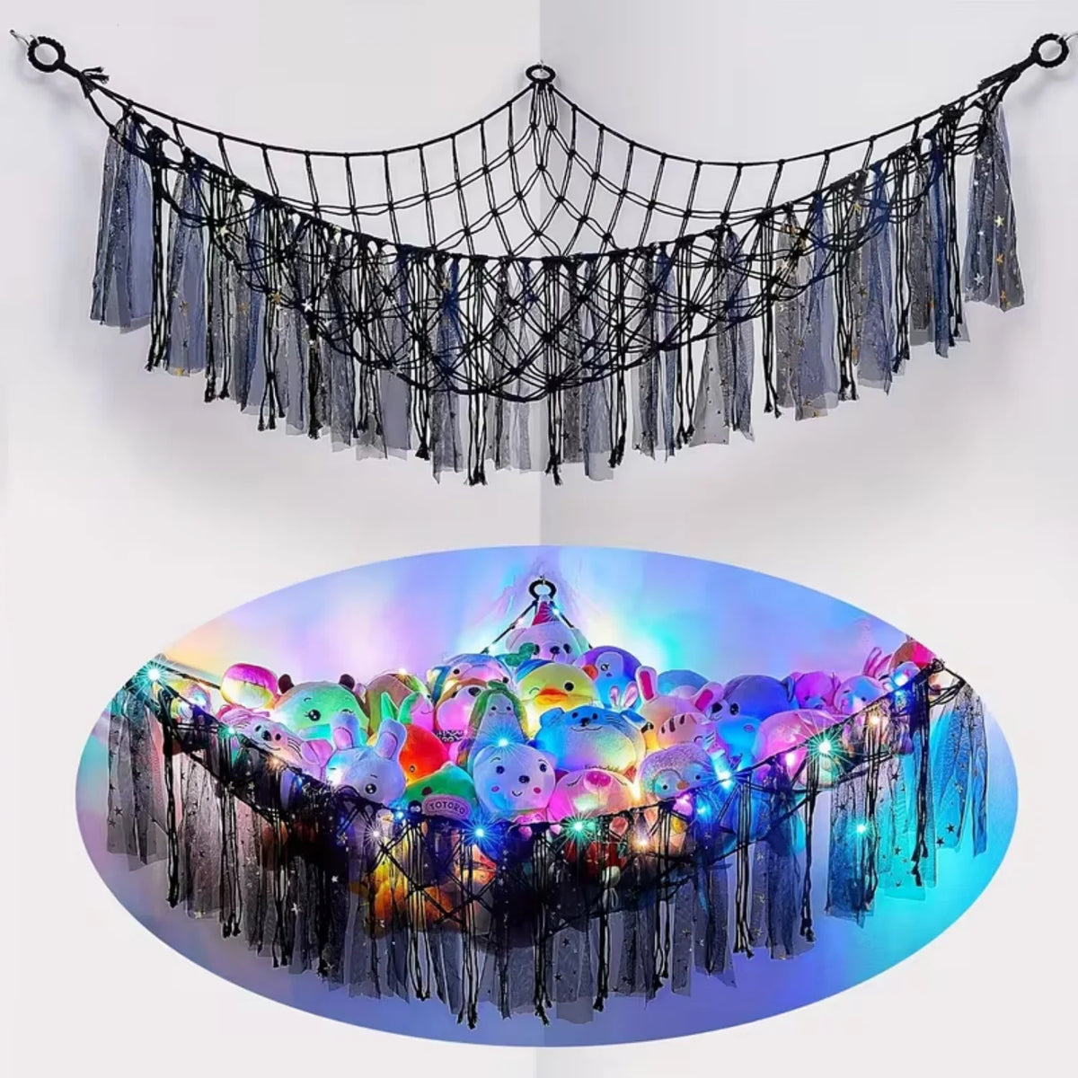 A black bohemian handwoven net with tassels used as a decorative hanging light fixture.