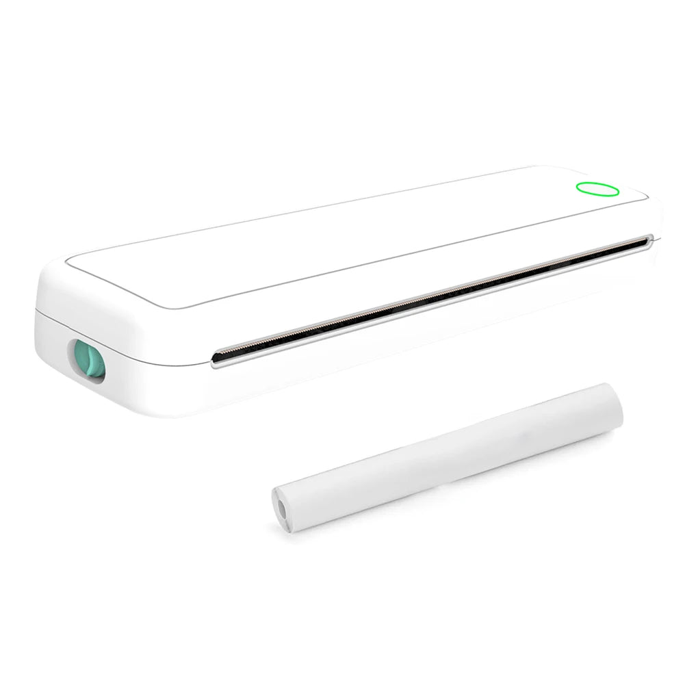 A white portable A4 thermal printer shown from the side.