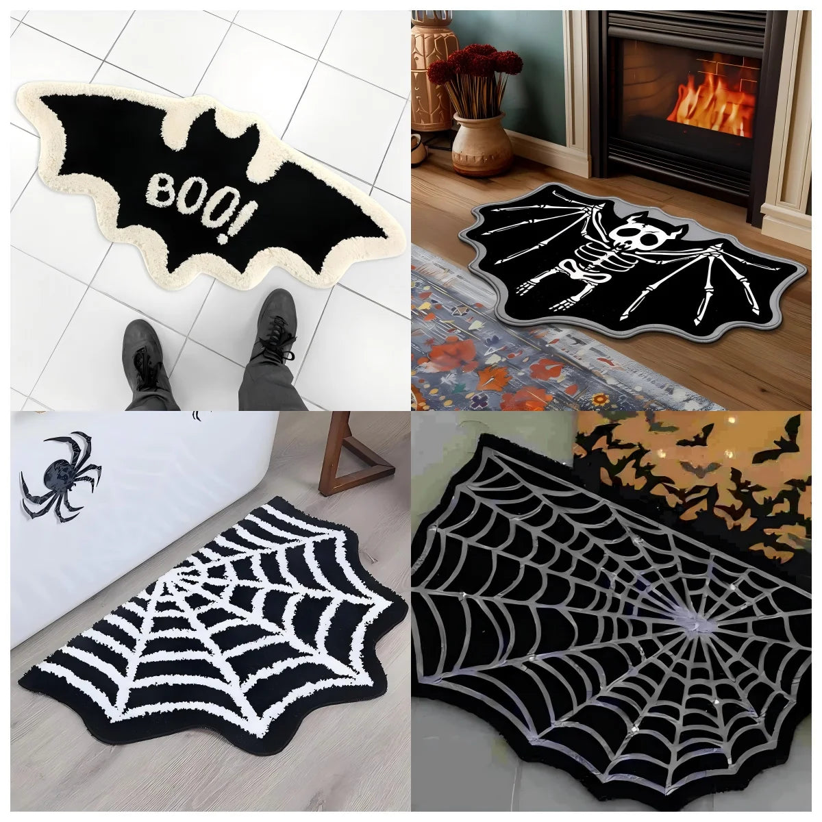 Black and white decorative rug featuring a Halloween spider web design with a ghost motif