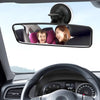 A car interior view showing a 360° rotating wide-angle rearview mirror with a woman and child visible.
