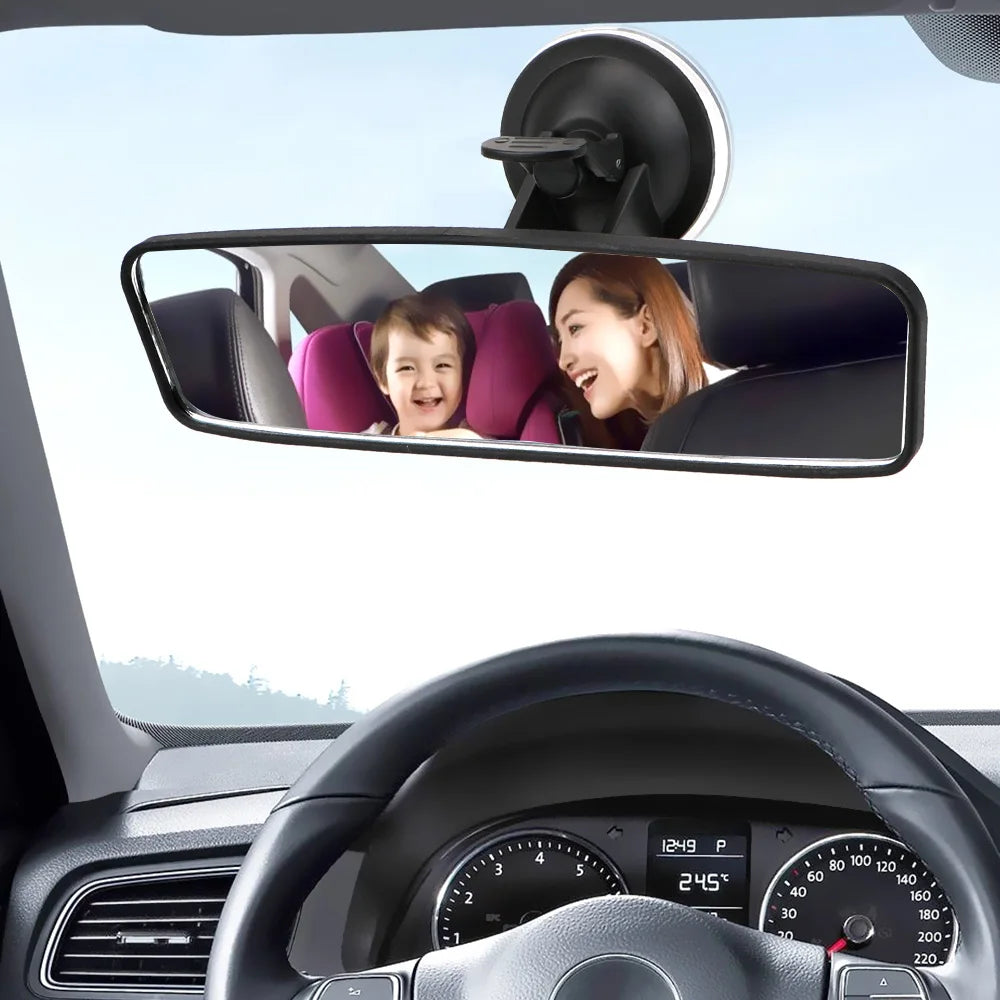 A car interior view showing a 360° rotating wide-angle rearview mirror with a woman and child visible.