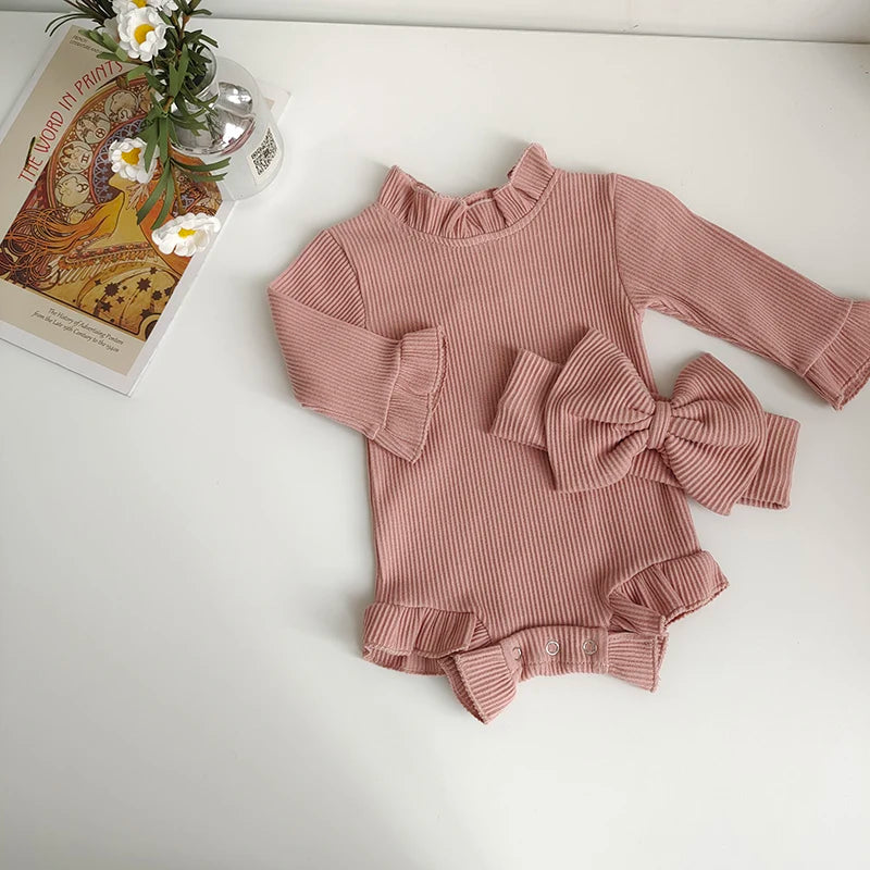 Cotton Romper Set with Bow Headband for Baby Girls