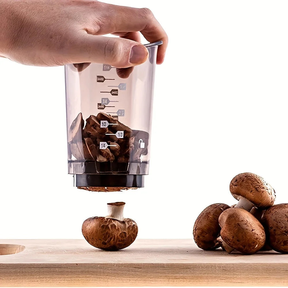A hand holds a clear collection cup above fresh mushrooms being sliced or chopped on a wooden surface.