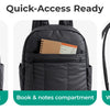 Black laptop backpack showing accessory compartment, book and notes compartment, and water bottle holder pocket.