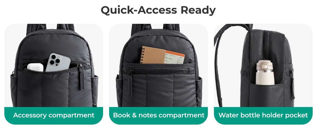 Black laptop backpack showing accessory compartment, book and notes compartment, and water bottle holder pocket.