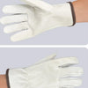 A pair of light beige heavy-duty cowhide leather work gloves shown on a hand.