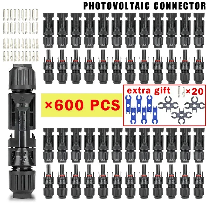 A collection of black photovoltaic connectors for PV cables, packaged as a kit with 600 pieces.