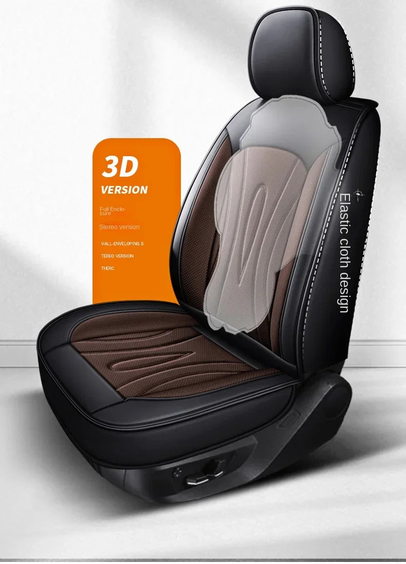 A black car seat cover in a 3D version with a tan fabric design shown on a white background.