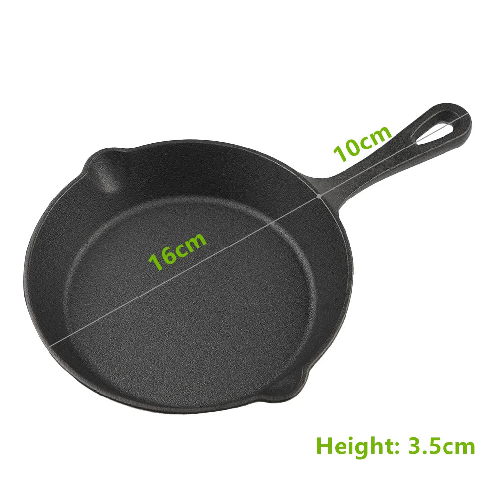 A black pre-seasoned cast iron skillet with a 16cm diameter and a 10cm handle, measuring 3.5cm in height.