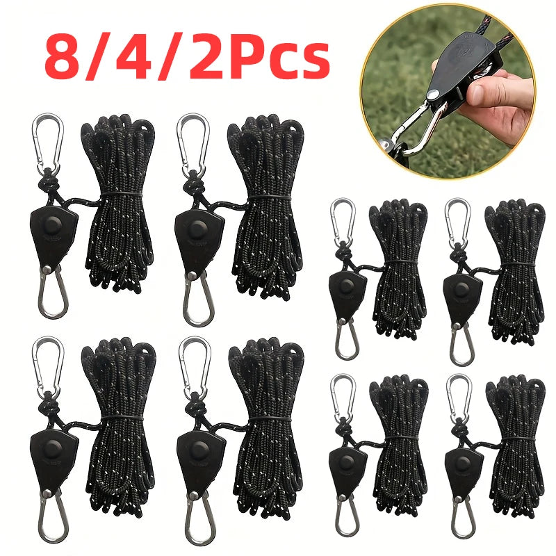 Set of eight heavy-duty camping rope tighteners with ratchet locks in black and silver.