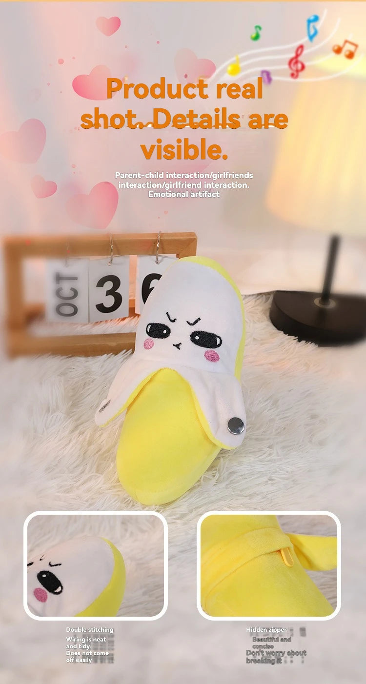Yellow fruit-shaped plush metronome toy with a sad expression shown in close-up views.