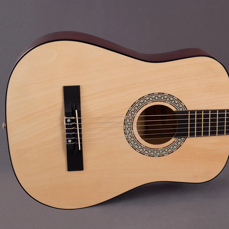 A light-colored classical guitar with a dark wood finish and a decorative rosette on the soundhole.