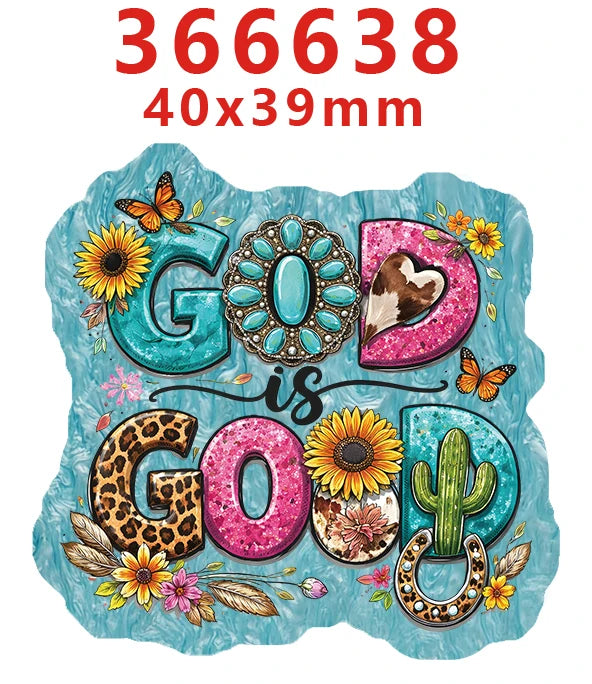 A colorful acrylic hair bow decoration featuring a large letter G and the text GO is God.