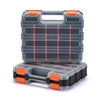 A clear plastic storage box with an orange handle and adjustable dividers, shown open on a black base.