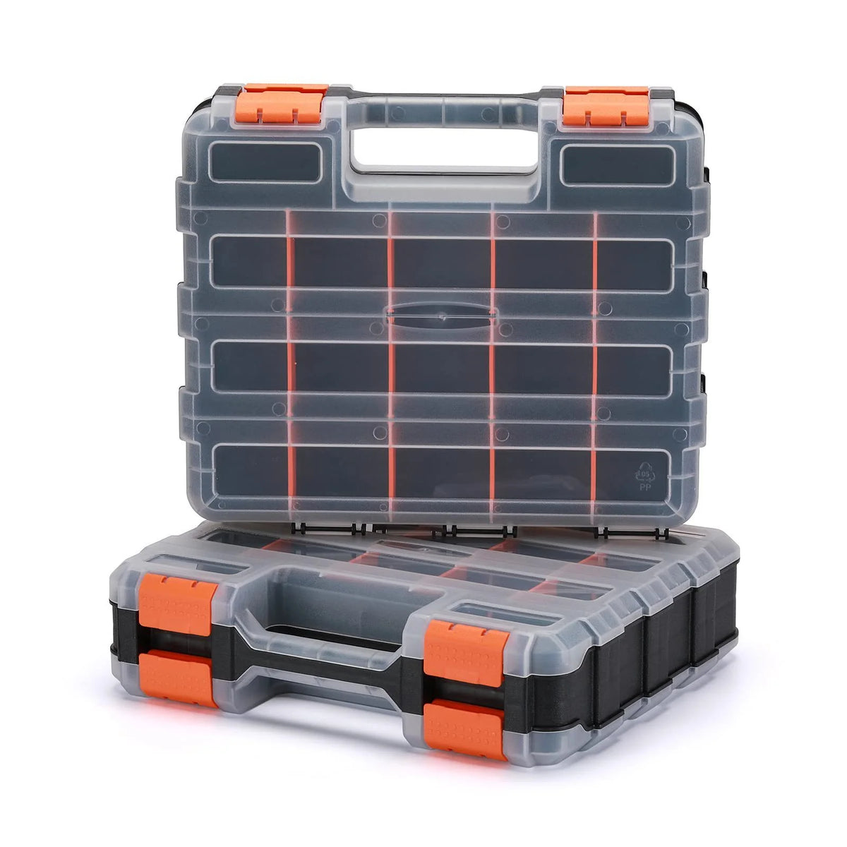 A clear plastic storage box with an orange handle and adjustable dividers, shown open on a black base.