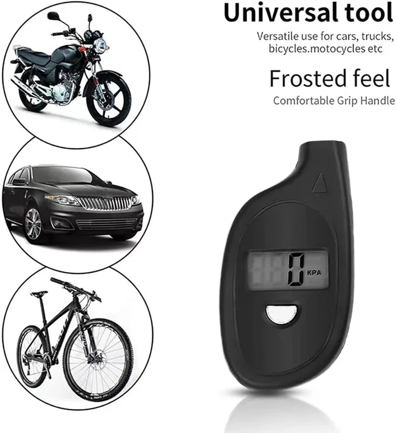 A black digital tire pressure gauge with an LCD display and a frosted grip handle shown next to various vehicles.