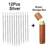 12 pieces of silver self-threading sewing needles in a brown storage box