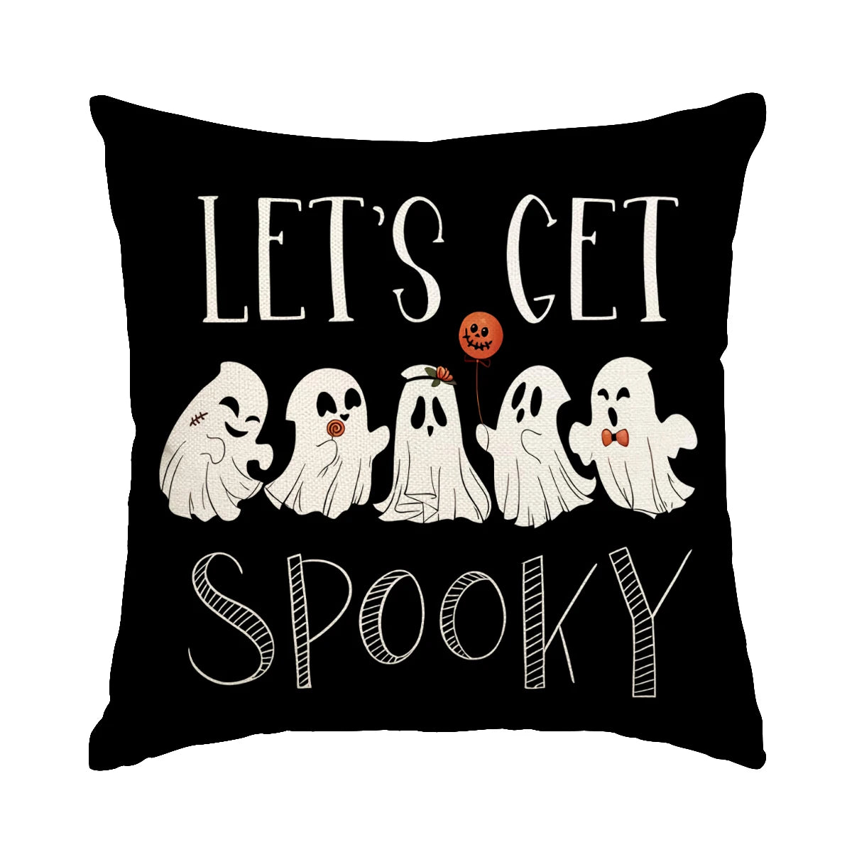 Fundas decorativas negras con un gráfico de un fantasma y el texto LET'S GET SPOOKY