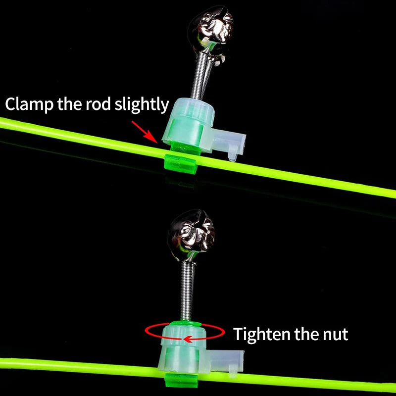 Diagram showing how to clamp a rod slightly and tighten a nut for fishing rod bite alarm bells