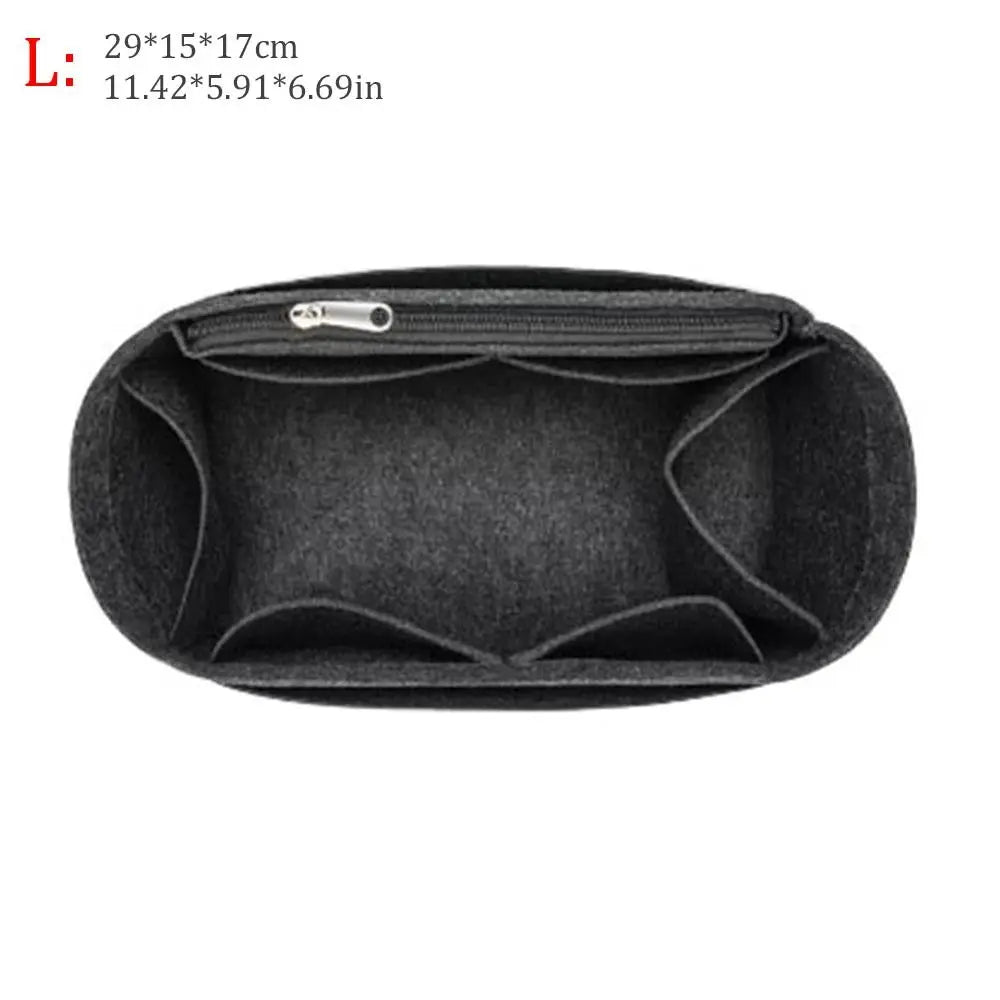 Black felt purse organizer insert with a zippered compartment