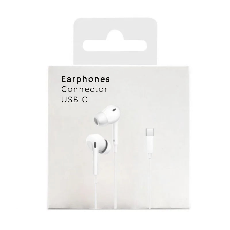 White USB-C wired earphones with a microphone shown in their packaging box.