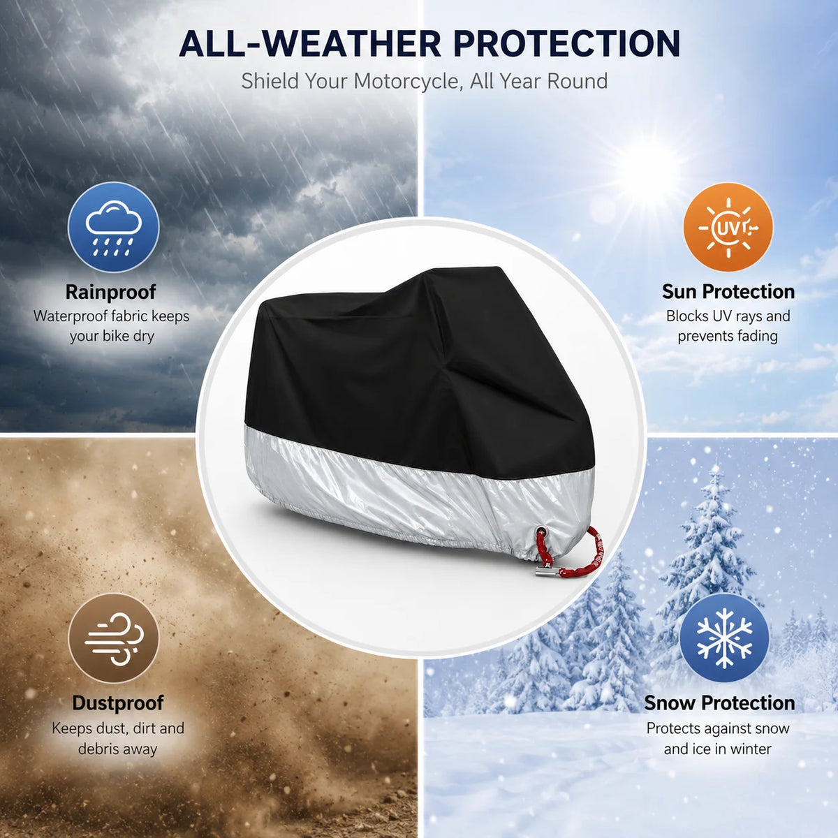 Black and silver all-weather waterproof motorcycle cover protecting a bike from rain, sun, dust, and snow.