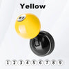 A yellow billiard ball style car start button cover with a lucky number sticker on a black base.