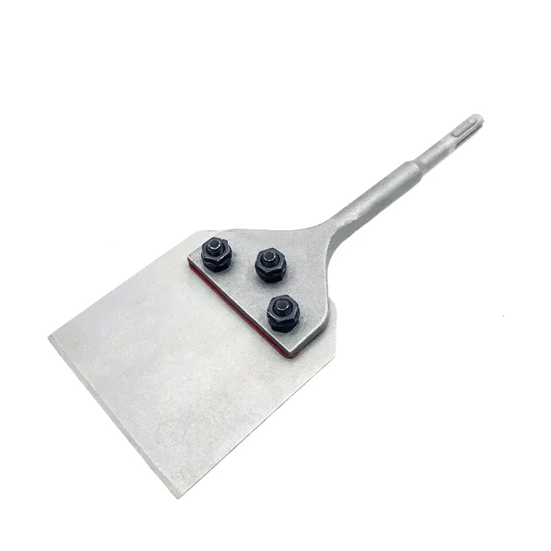 Silver SDS Plus floor scraper with a replacement blade set and handle.