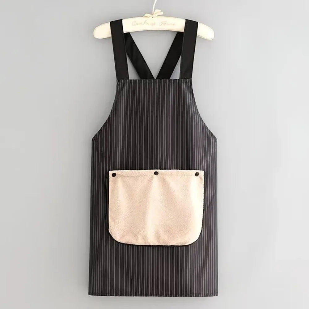 Black and white striped waterproof kitchen apron with a removable beige towel