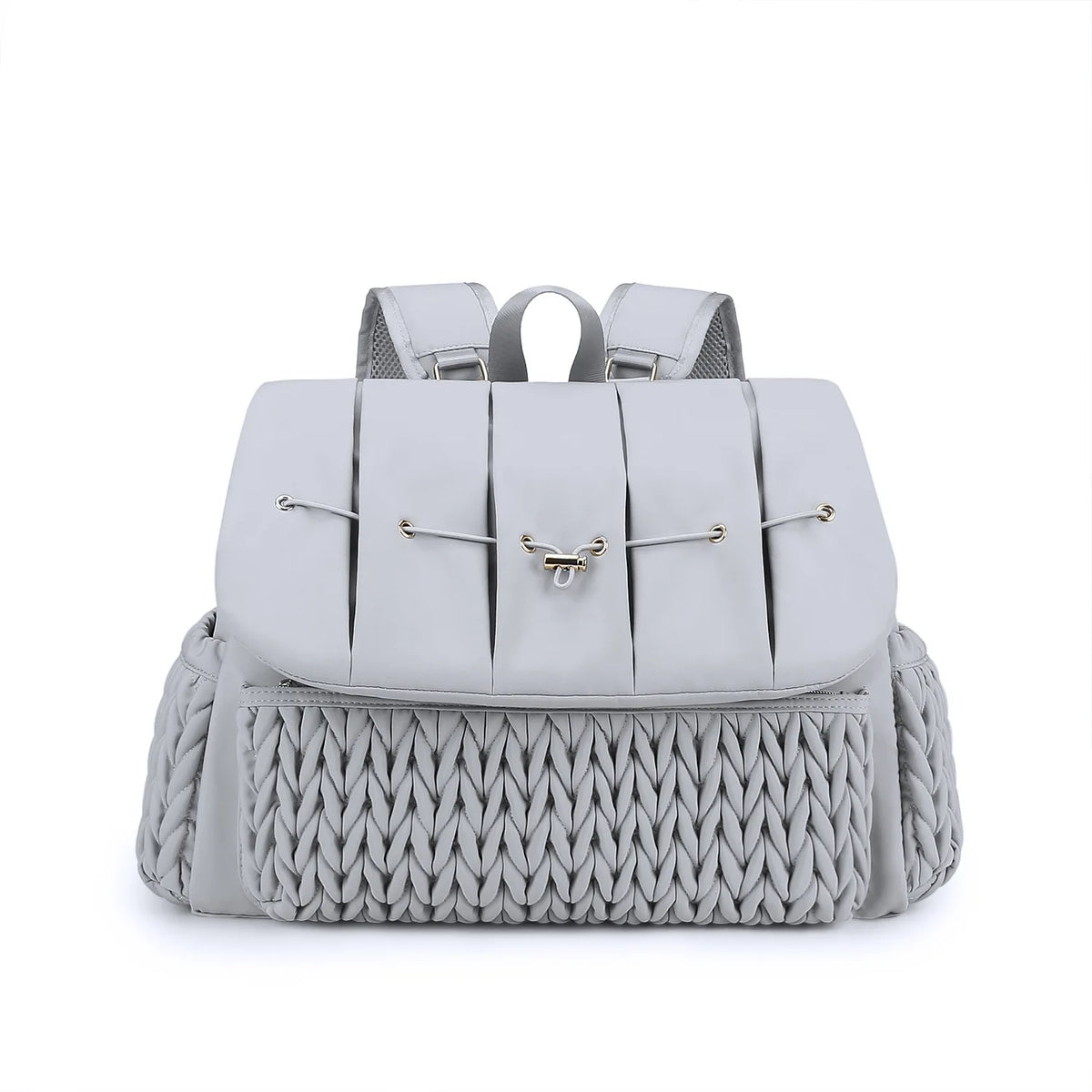 A light gray large capacity waterproof diaper bag with adjustable roller straps.