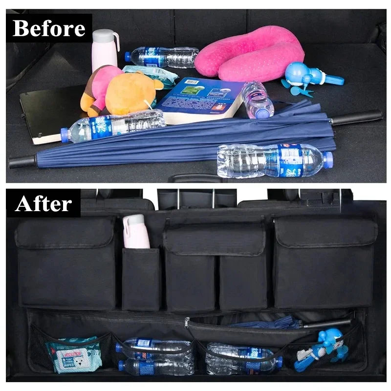 Comparaison avant/après d'un organisateur de coffre de voiture étanche à 9 compartiments, montrant un rangement organisé.