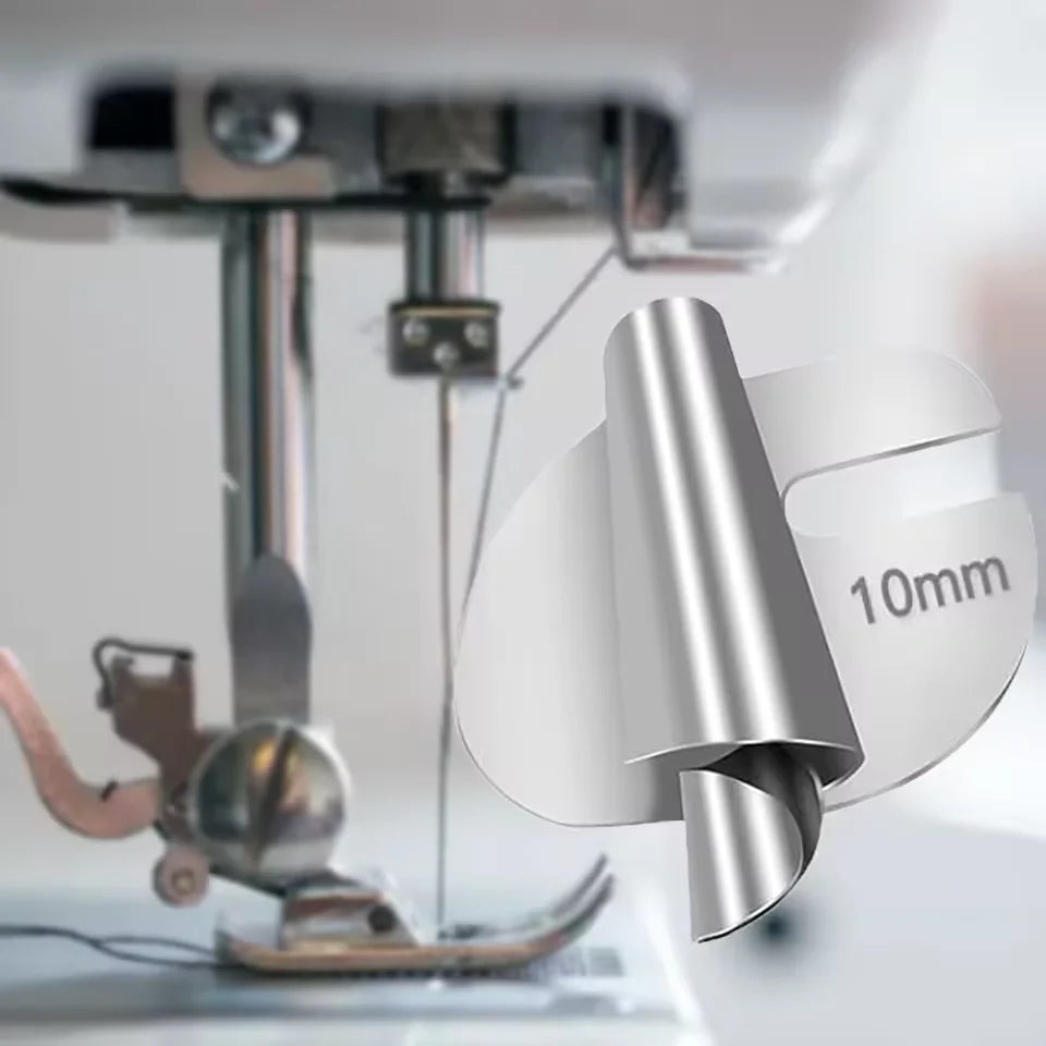 A close-up view of a universal rolled hemmer presser foot for sewing machines.