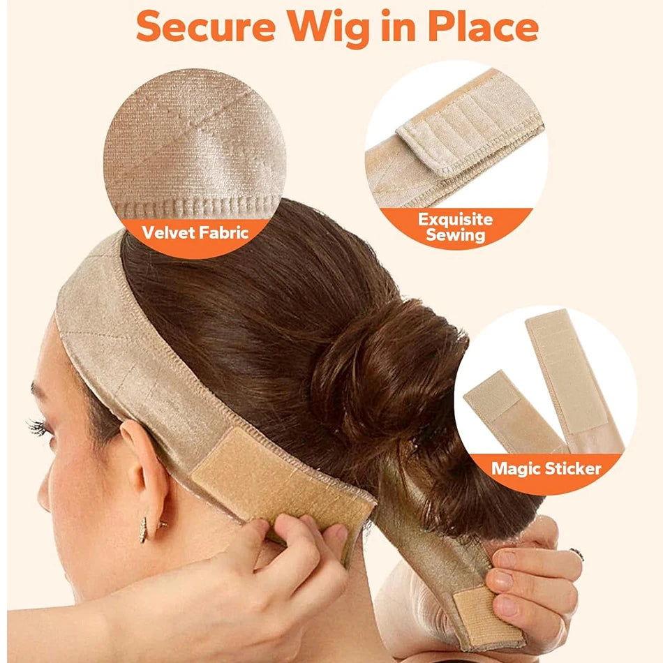 A woman is securing a soft velvet wig grip headband onto her hair for a wig.