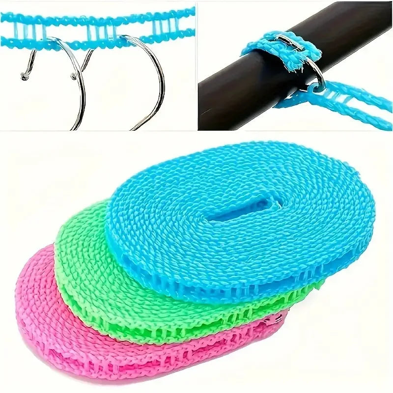 A stack of colorful portable windproof clotheslines in blue, green, and pink.
