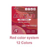 Box of 12-color acrylic paint markers featuring red tones and soft brush tips for various surfaces.