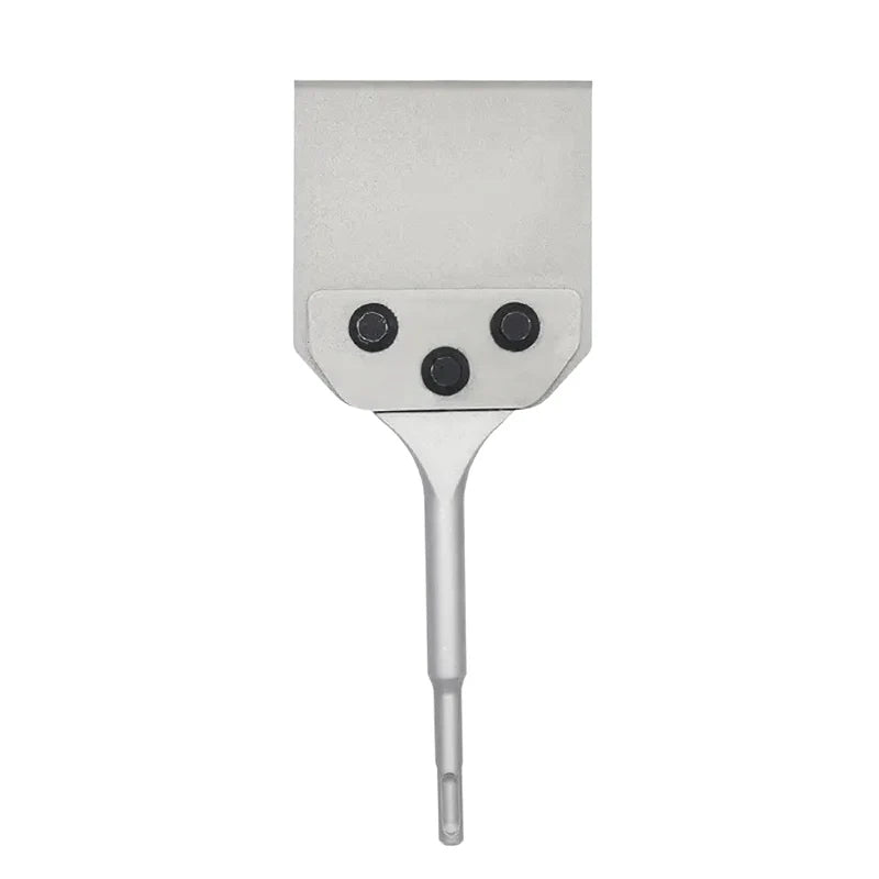 Silver SDS Plus floor scraper with a replacement blade set and long shaft
