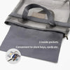 A gray mesh hanging toiletry bag with a zippered pocket and an attached gray fabric pouch, showing two inside pockets.