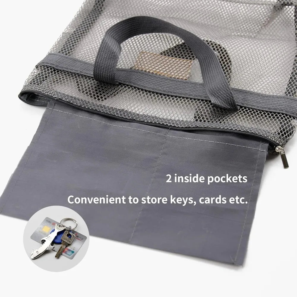 A gray mesh hanging toiletry bag with a zippered pocket and an attached gray fabric pouch, showing two inside pockets.