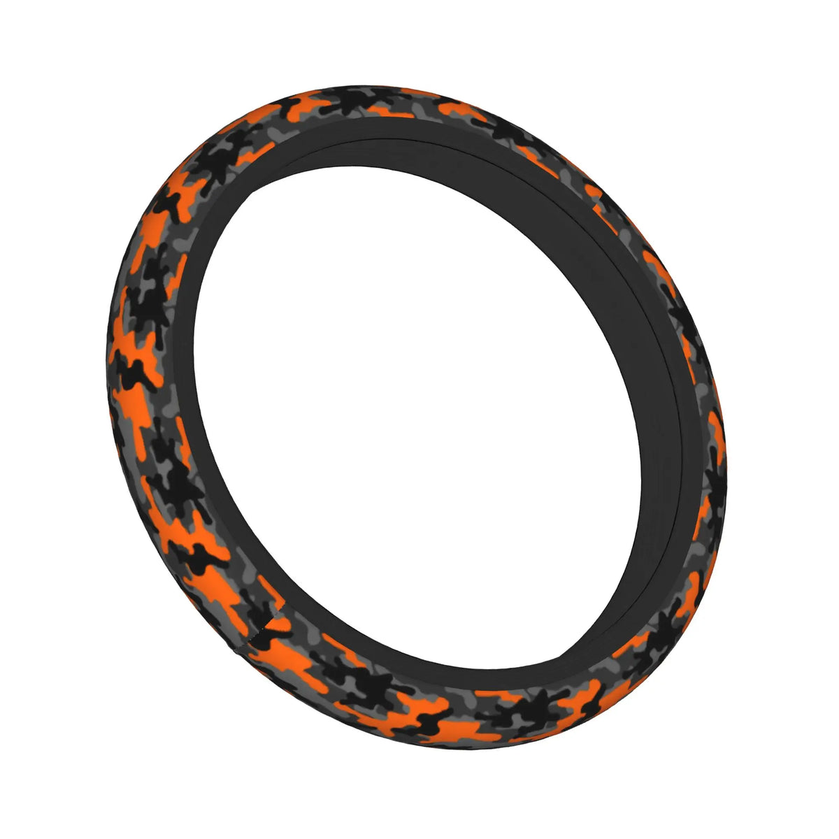 A black steering wheel cover with an orange and gray camouflage pattern.