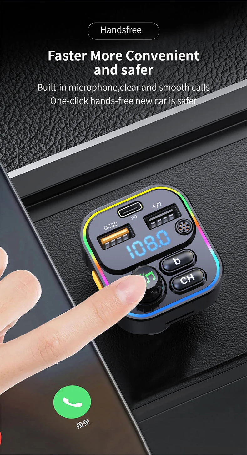 A hand is interacting with a black Bluetooth FM transmitter device, highlighting its features for hands-free calls.