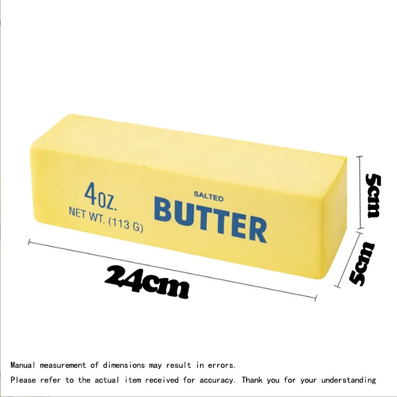 A rectangular yellow butter block with '4oz Salted Butter' printed on it, showing its dimensions.